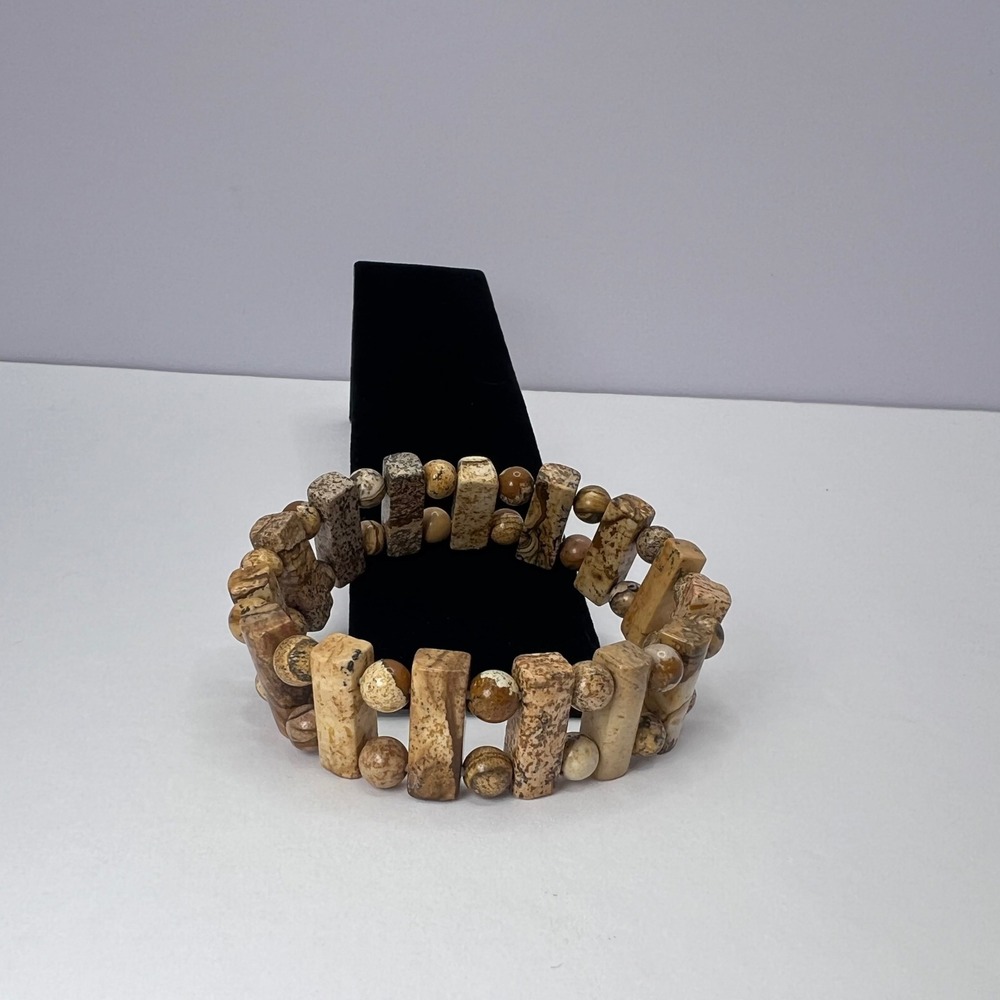 Picture Jasper Stretch Bracelet Natural Rectangular Round Bead Boho Earthy
